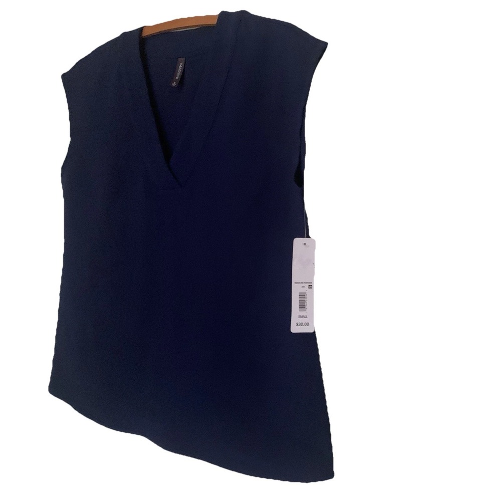 MASSINI Navy Blue Lace Inserts Sleeveless V-Neck Top Sz S